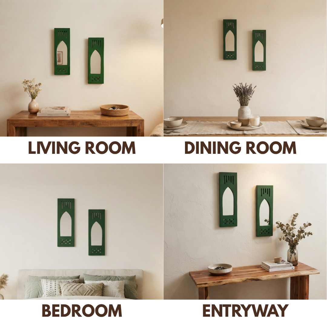 Green MDF Wooden Jharokha with Mirror - Green Modern Set of 2