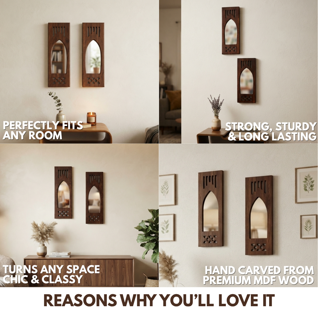 Brown MDF Wooden Jharokha with Mirror - Brown Modern Set of 2