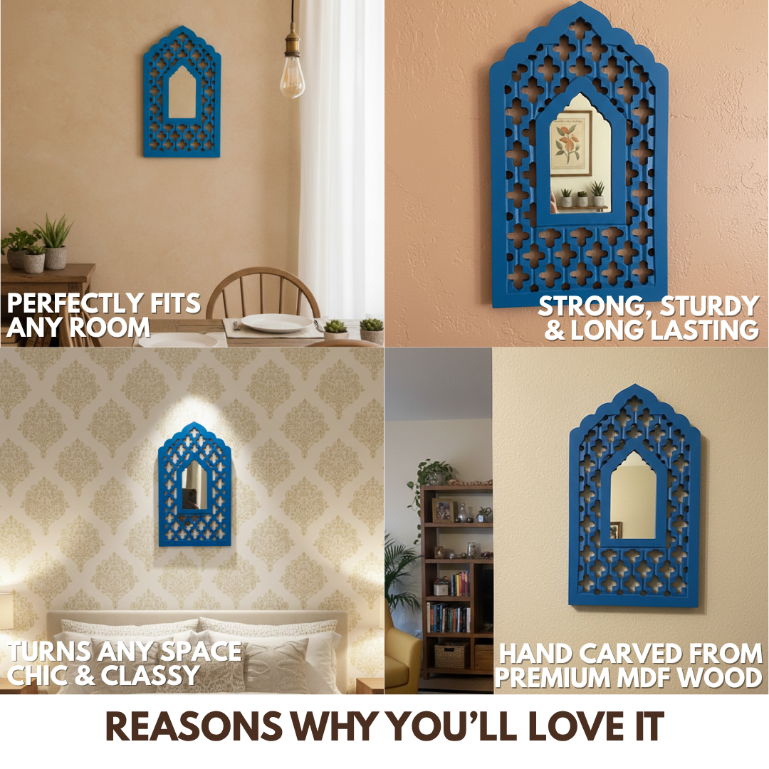 Blue MDF Wooden Jharokha with Mirror - Blue Mughal