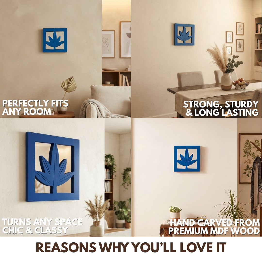 Blue MDF Wooden Jharokha with Mirror - Blue Leaf