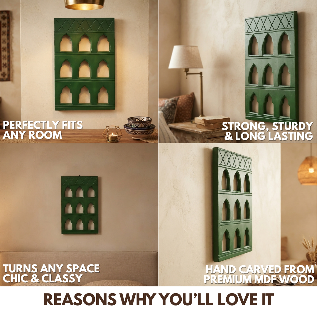Green MDF Wooden Jharokha - Green Nine-Window