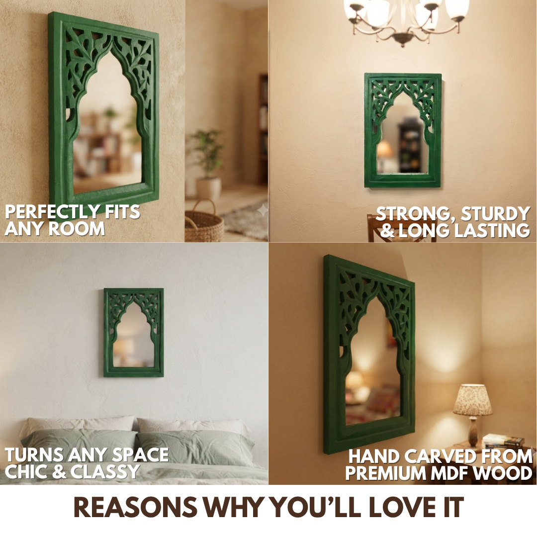 Green MDF Wooden Jharokha with Mirror - Green Rajasthani