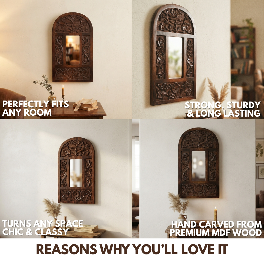Brown MDF Wooden Jharokha with Mirror - Brown Nature's Arch
