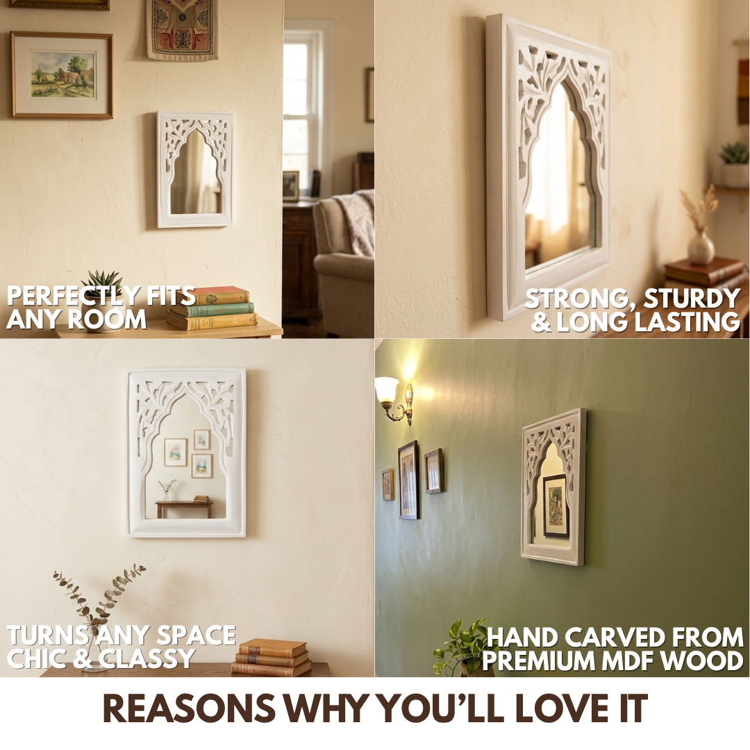 White MDF Wooden Jharokha with Mirror - White Rajasthani
