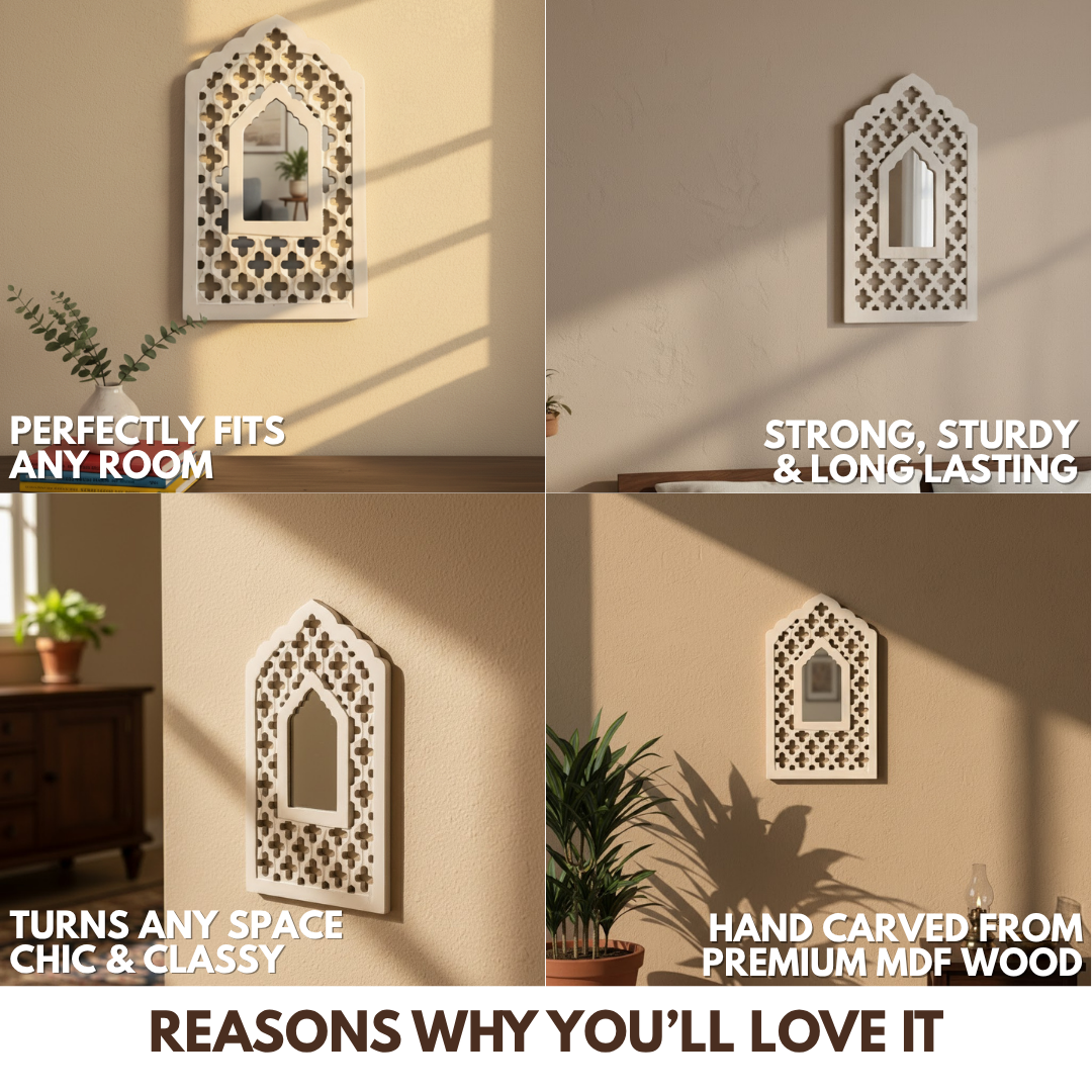 White MDF Wooden Jharokha with Mirror - White Mughal