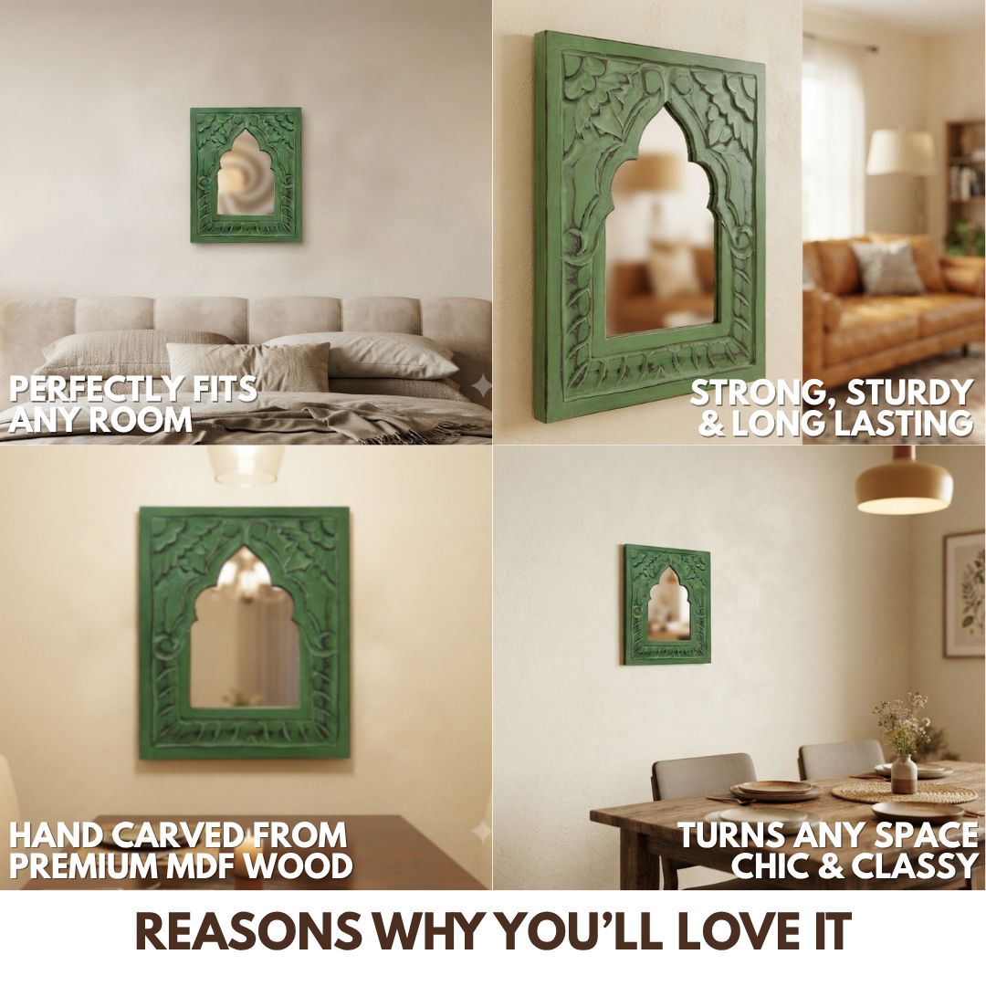 Green MDF Wooden Jharokha with Mirror - Shahi Mirror