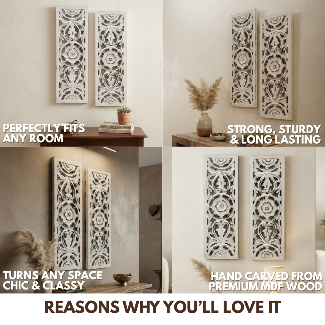 White MDF Wooden Jharokha - White Bloom Panel (Set of 2)