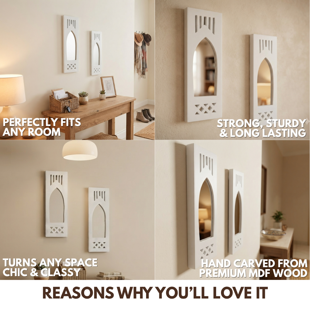 White MDF Wooden Jharokha with Mirror - White Modern Set of 2