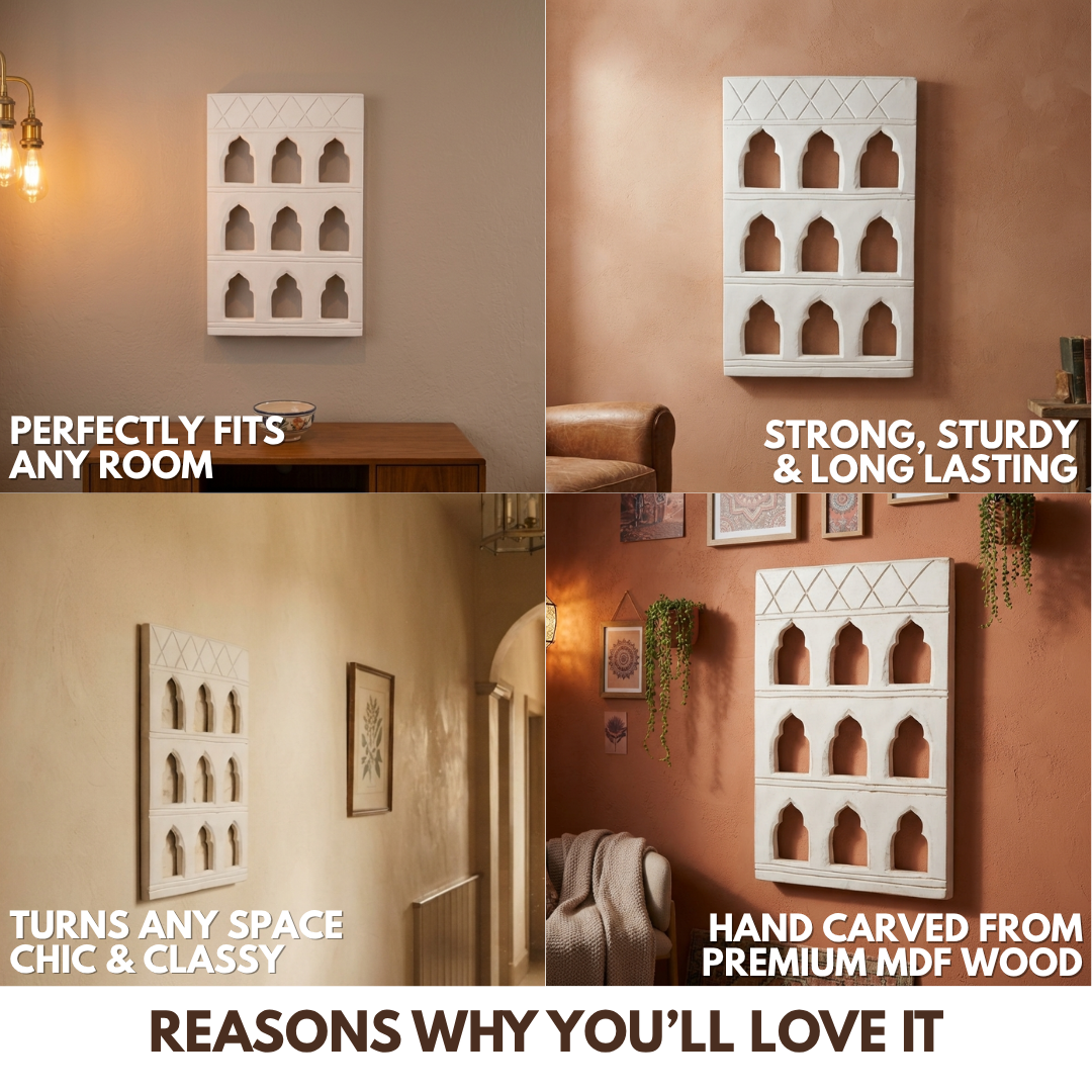 White MDF Wooden Jharokha - White Nine-Window