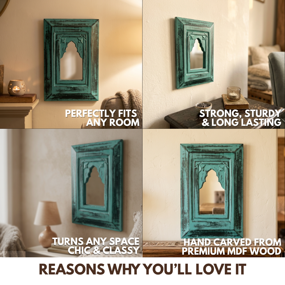 Antique MDF Wooden Jharokha with Mirror - Teal Mirror