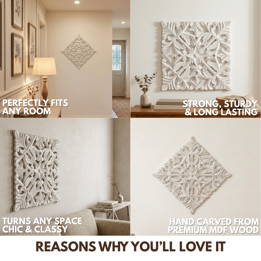 Antique Square MDF Wooden Jharokha - White Petal