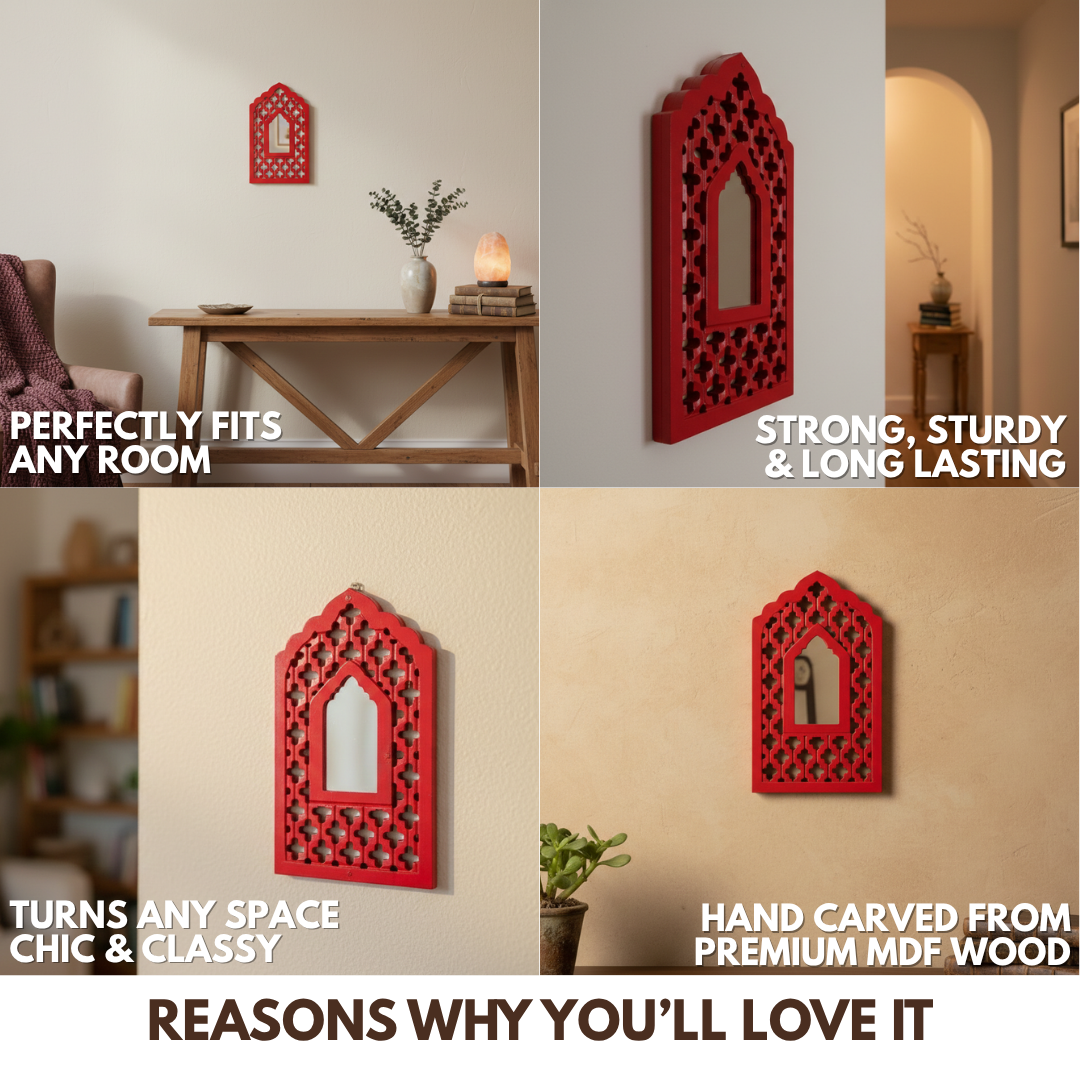 Red MDF Wooden Jharokha with Mirror - Red Mughal