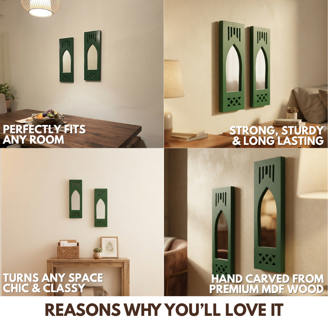 Green MDF Wooden Jharokha with Mirror - Green Modern Set of 2