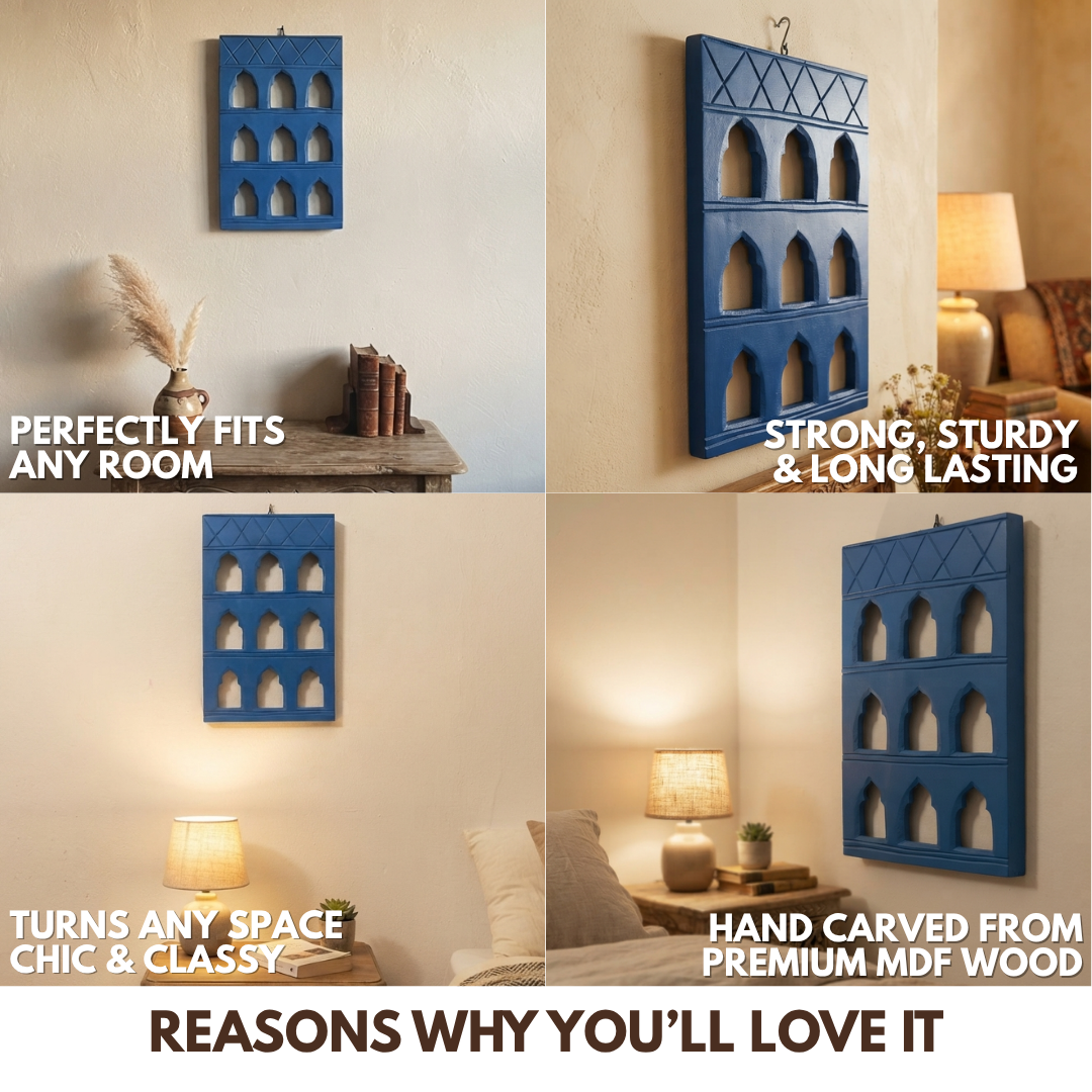 Blue MDF Wooden Jharokha - Blue Nine-Window