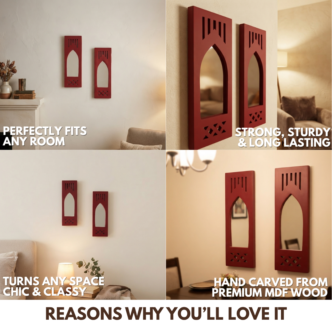 Red MDF Wooden Jharokha with Mirror - Red Modern Set of 2