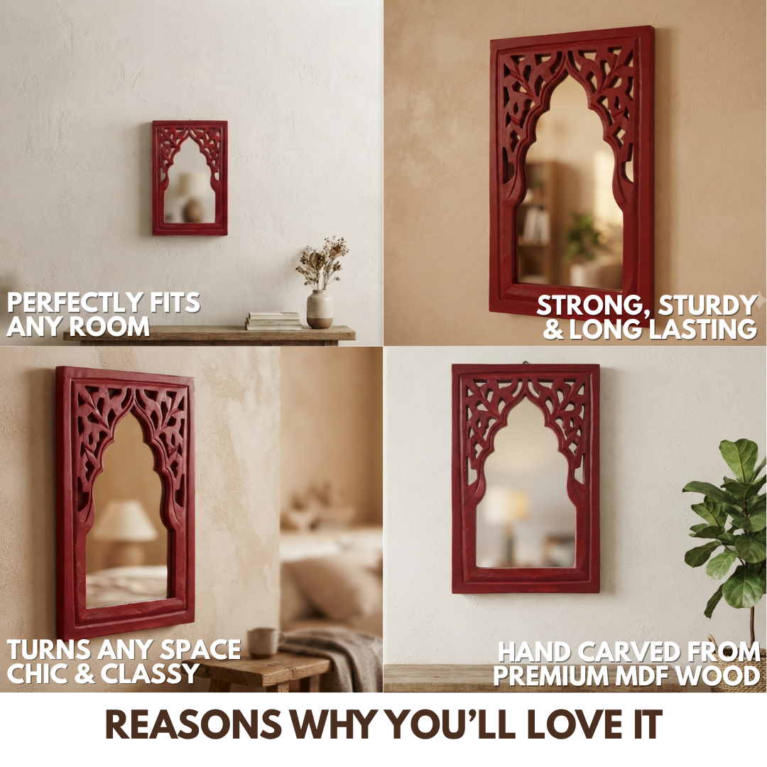 Red MDF Wooden Jharokha with Mirror - Red Rajasthani