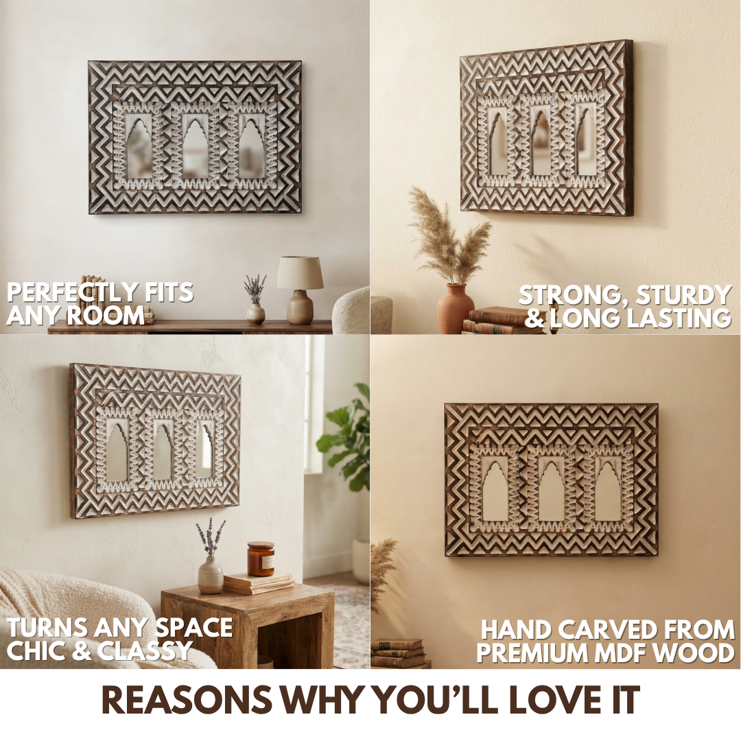 White MDF Wooden Jharokha with Mirror - White Zeenat Mirror