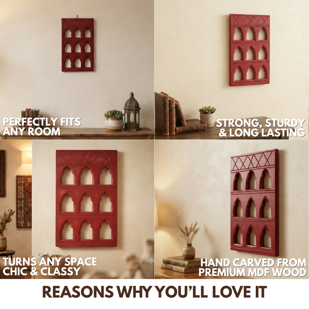 Red MDF Wooden Jharokha - Red Nine-Window