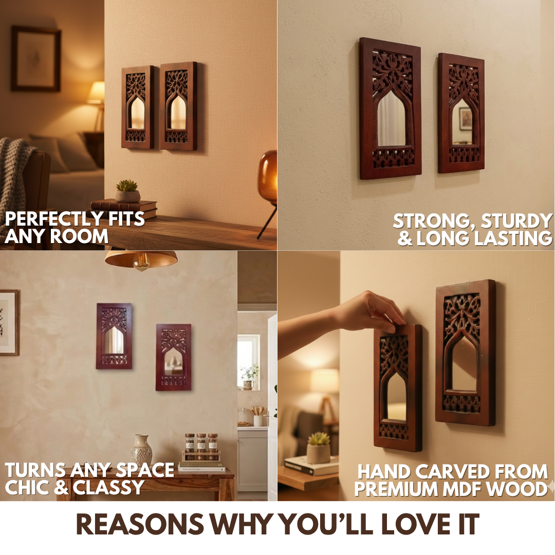 Brown MDF Wooden Jharokha with Mirror - Brown Floral Set of 2