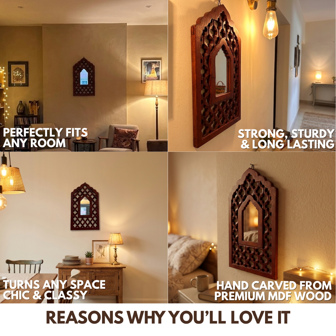 Brown MDF Wooden Jharokha with Mirror - Brown Mughal