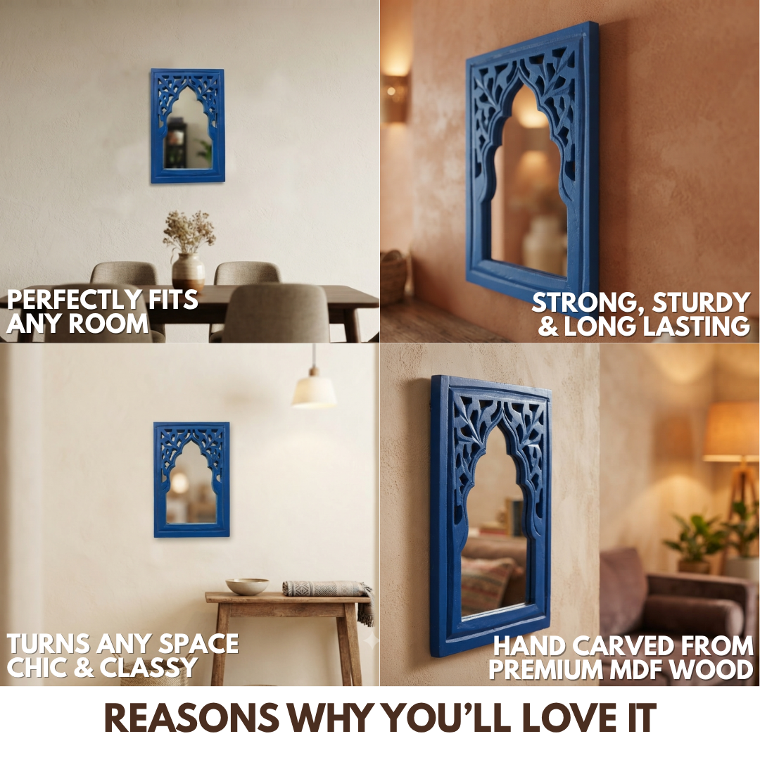 Blue MDF Wooden Jharokha with Mirror - Blue Rajasthani