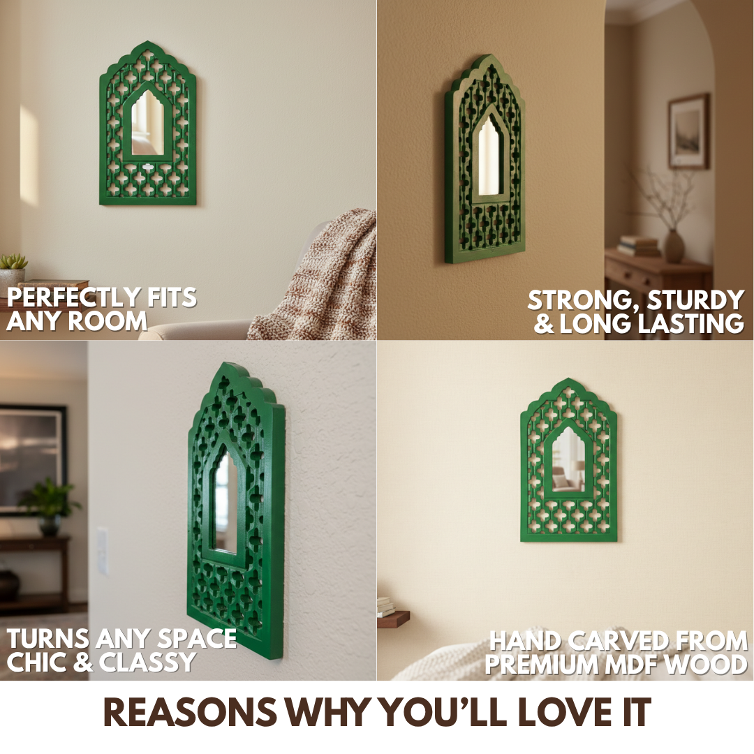 Green MDF Wooden Jharokha with Mirror - Green Mughal
