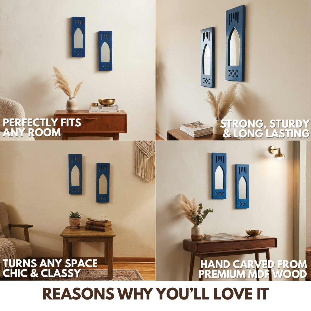 Blue MDF Wooden Jharokha with Mirror - Blue Modern Set of 2