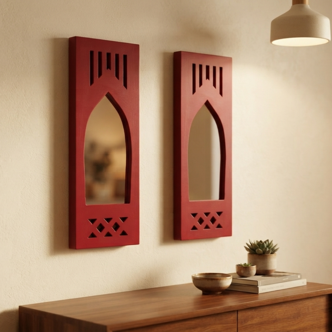 Red MDF Wooden Jharokha with Mirror - Red Modern Set of 2