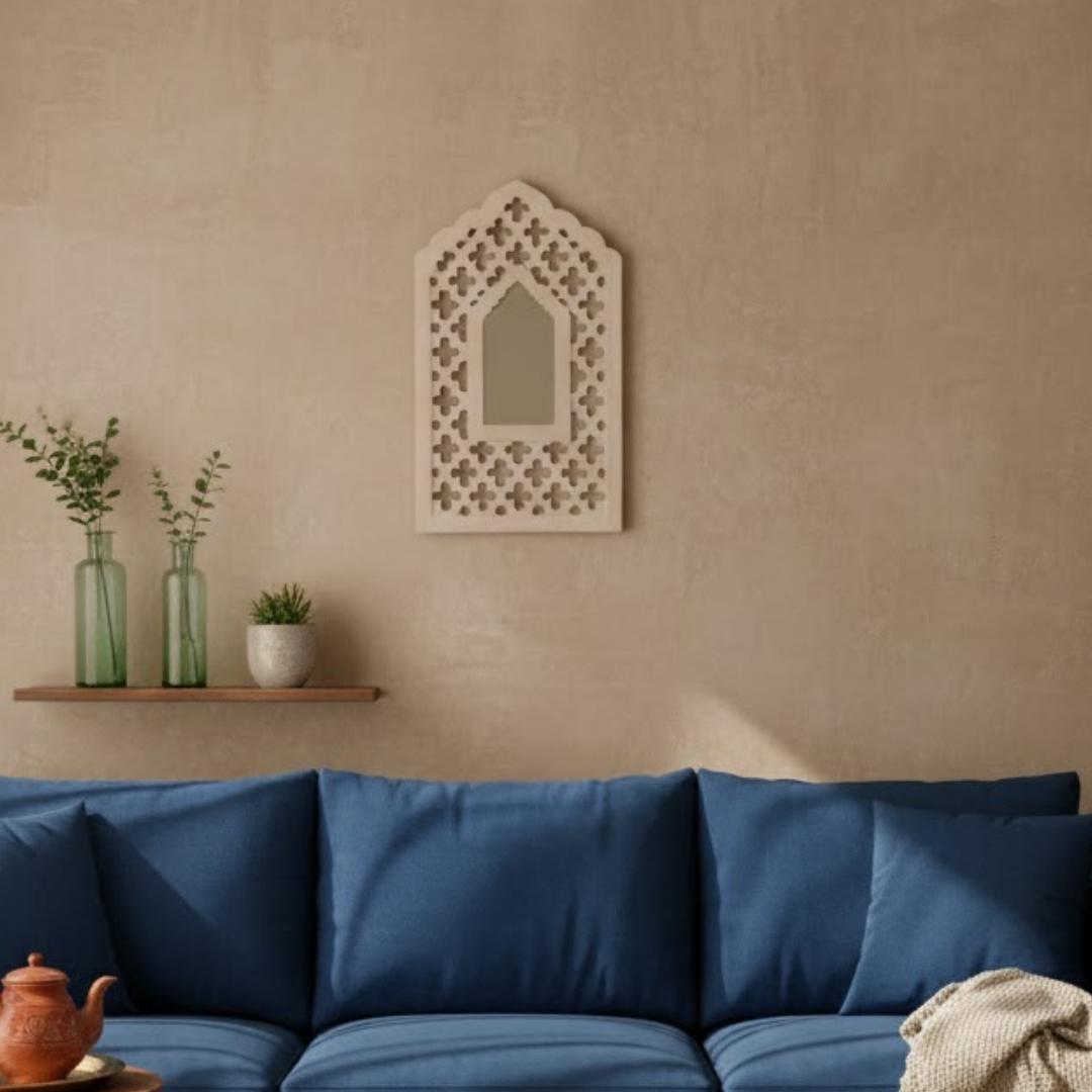 White MDF Wooden Jharokha with Mirror - White Mughal