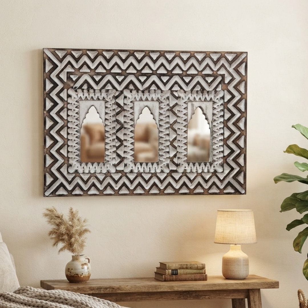 White MDF Wooden Jharokha with Mirror - White Zeenat Mirror