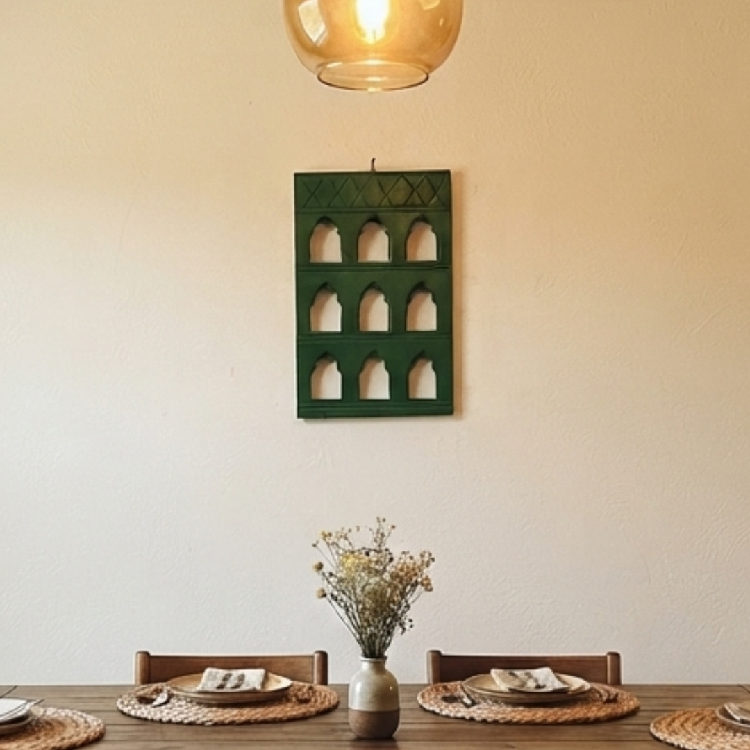 Green MDF Wooden Jharokha - Green Nine-Window