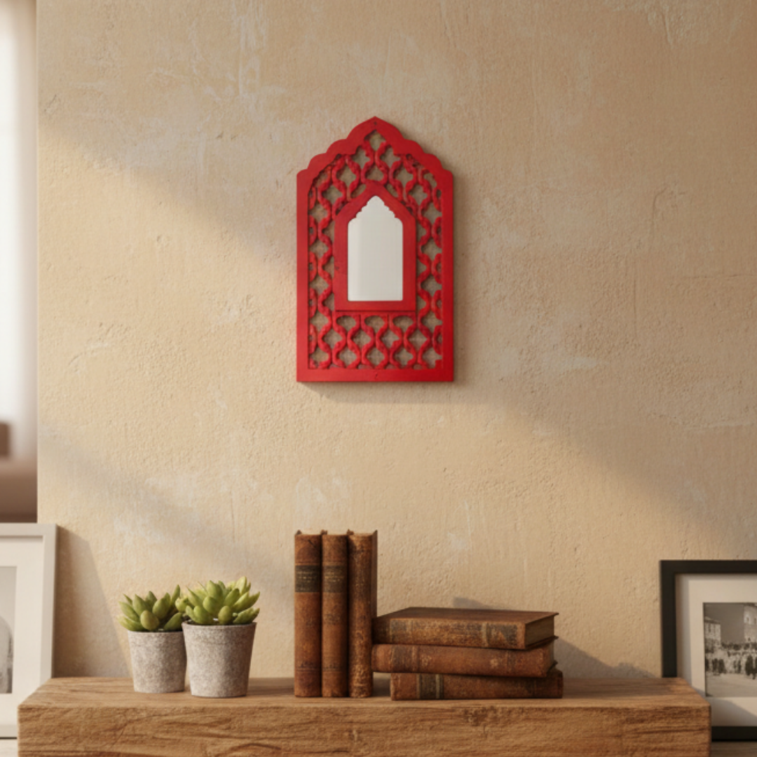Red MDF Wooden Jharokha with Mirror - Red Mughal