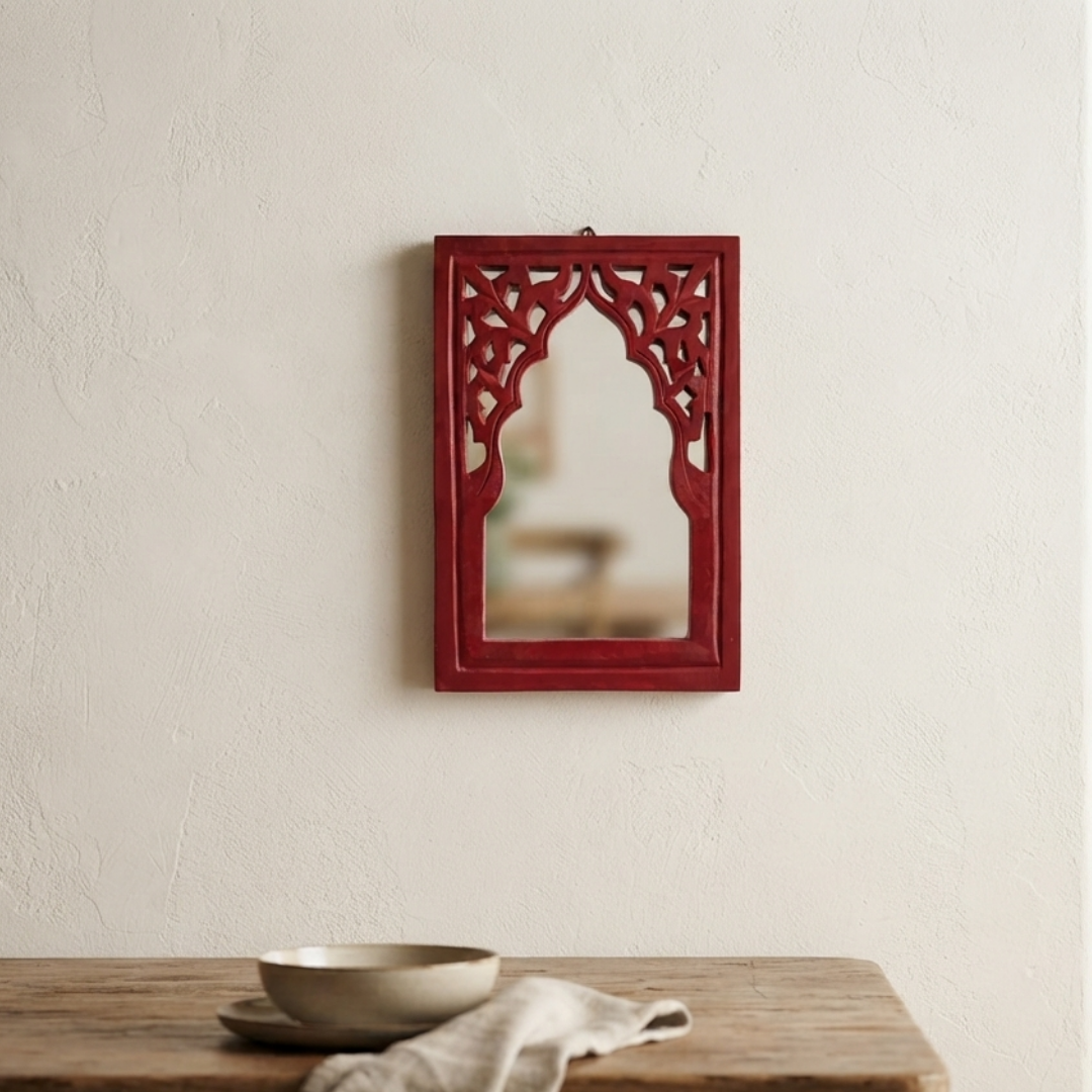 Red MDF Wooden Jharokha with Mirror - Red Rajasthani