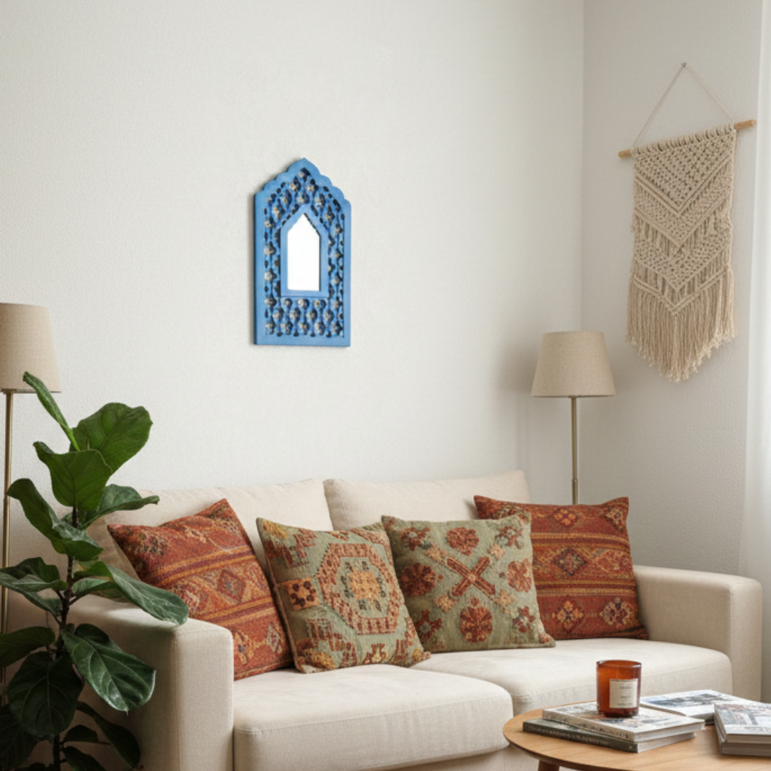 Blue MDF Wooden Jharokha with Mirror - Blue Mughal