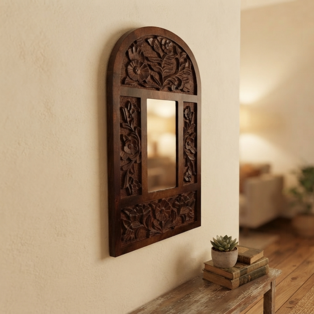 Brown MDF Wooden Jharokha with Mirror - Brown Nature's Arch
