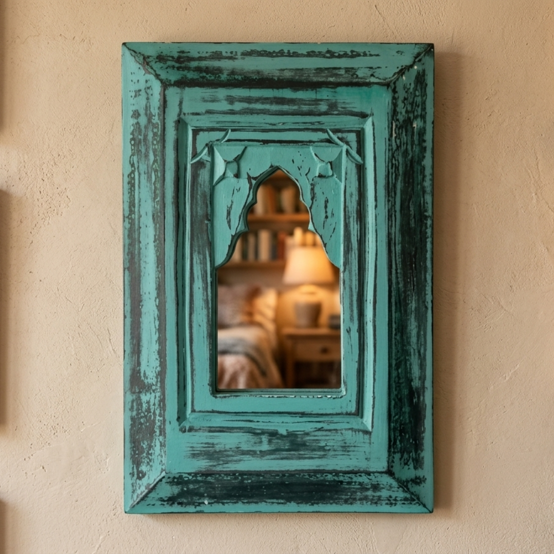 Antique MDF Wooden Jharokha with Mirror - Teal Mirror