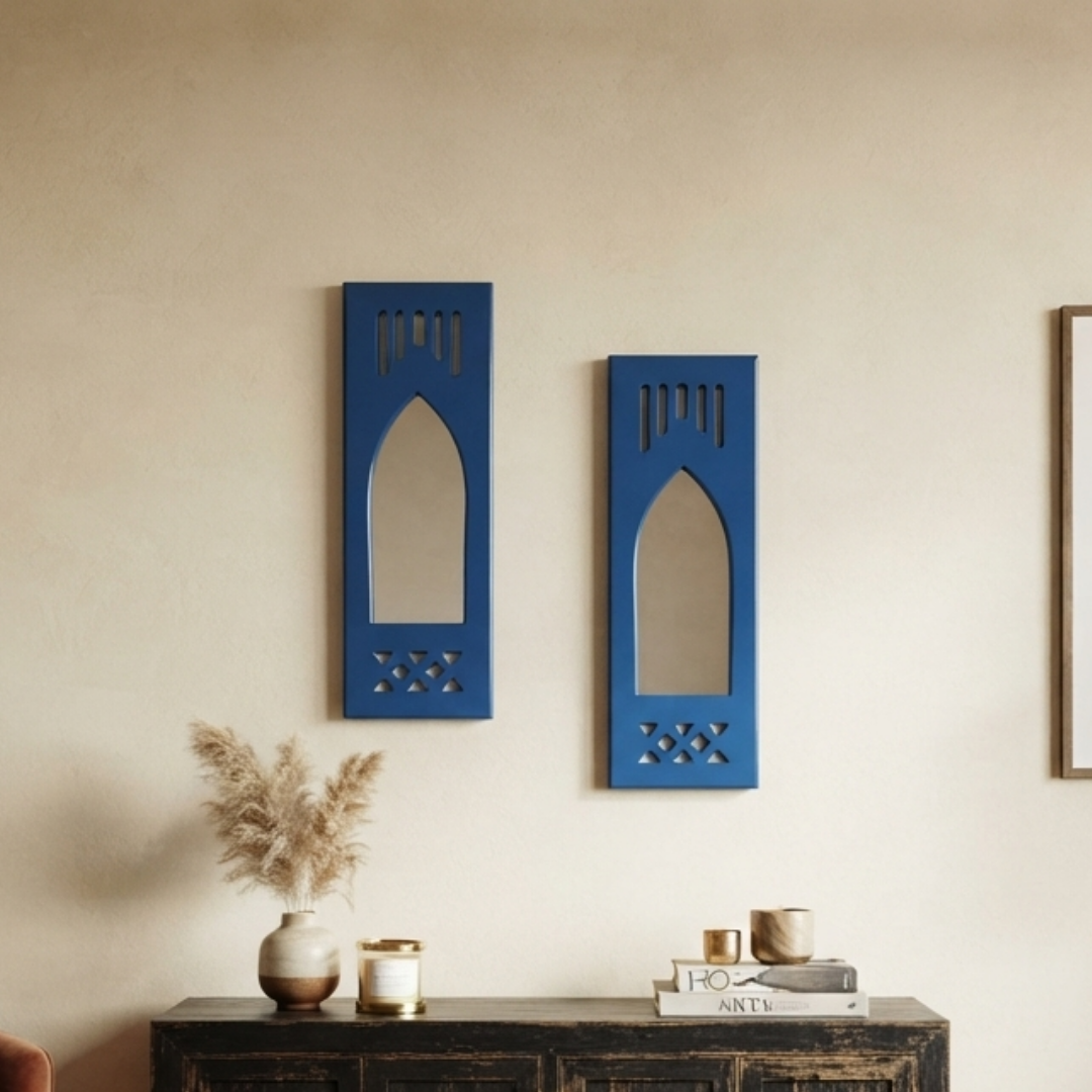 Blue MDF Wooden Jharokha with Mirror - Blue Modern Set of 2