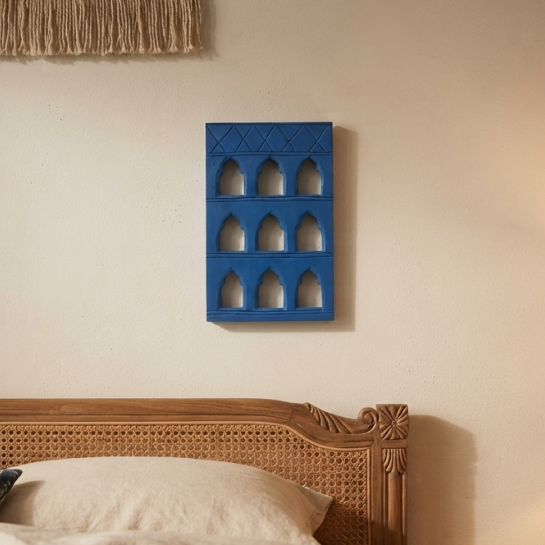 Blue MDF Wooden Jharokha - Blue Nine-Window