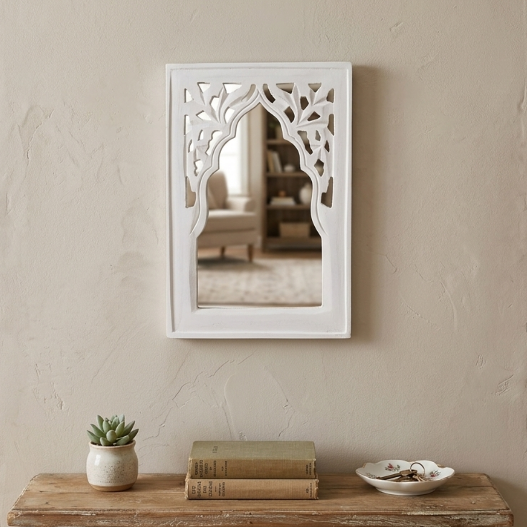 White MDF Wooden Jharokha with Mirror - White Rajasthani