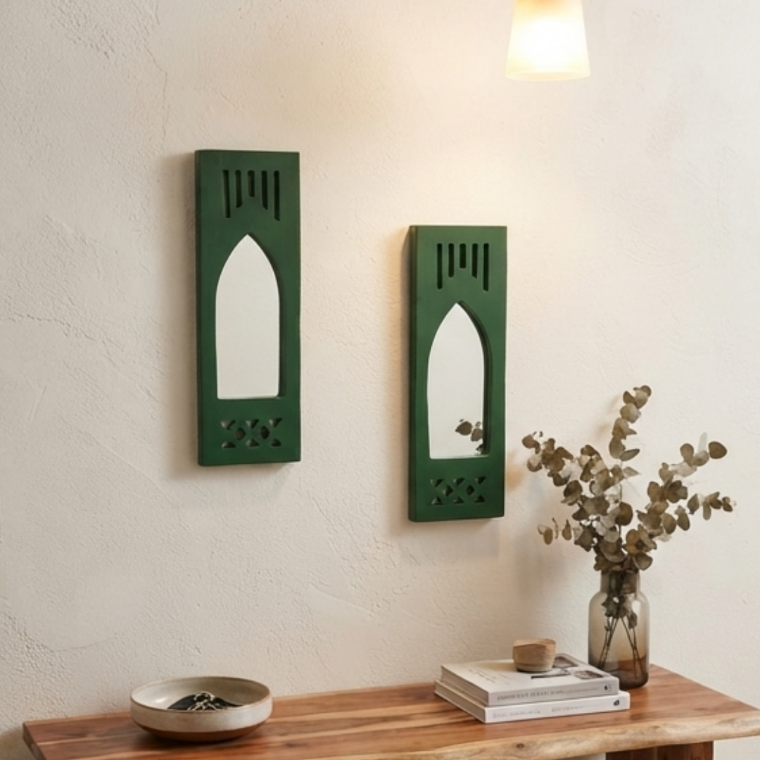 Green MDF Wooden Jharokha with Mirror - Green Modern Set of 2