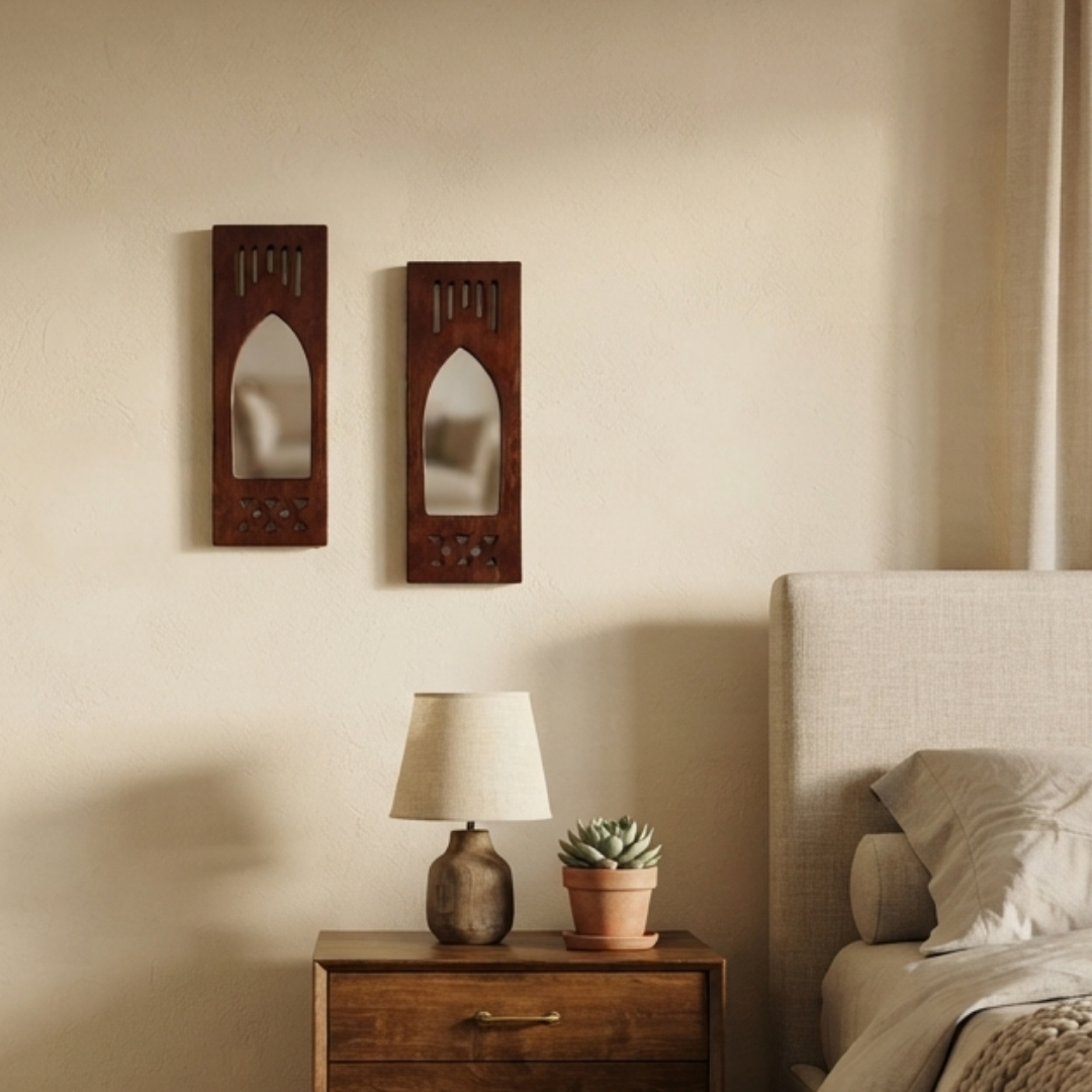 Brown MDF Wooden Jharokha with Mirror - Brown Modern Set of 2