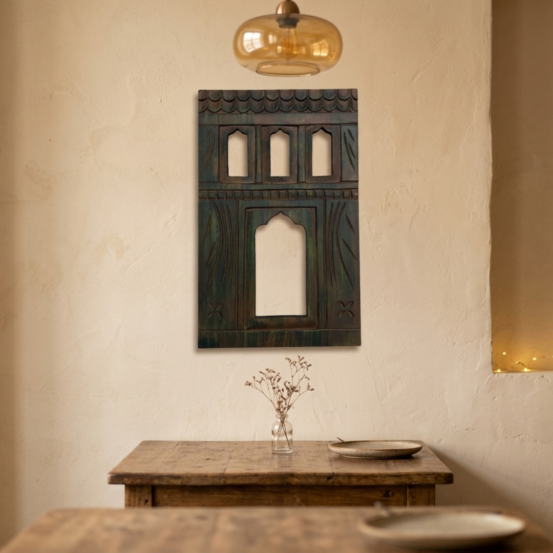 Antique MDF Wooden Jharokha - Green Doorway