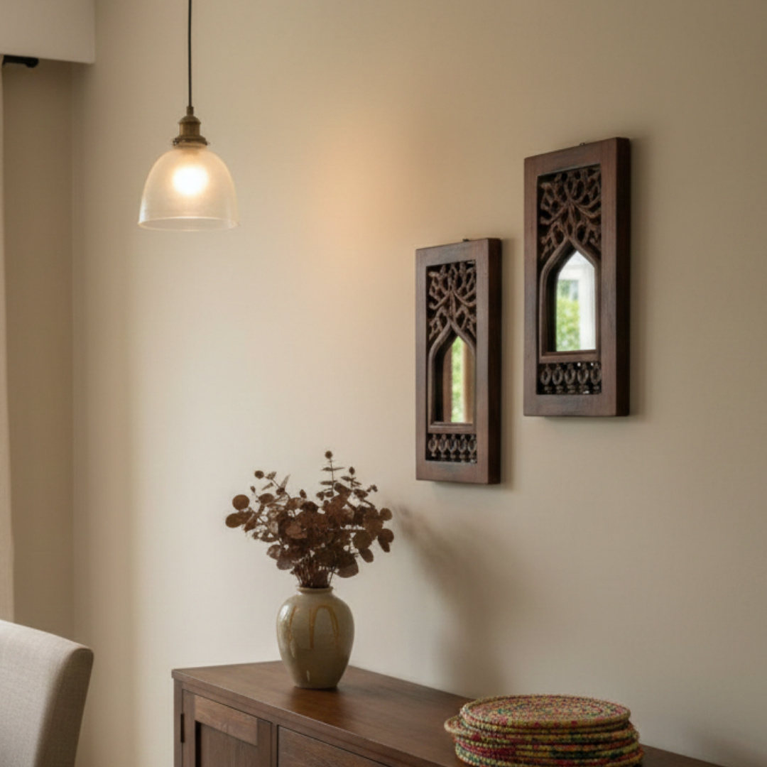 Brown MDF Wooden Jharokha with Mirror - Brown Floral Set of 2