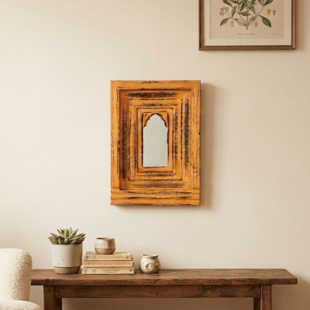 Antique Orange MDF Wooden Jharokha with Mirror - Noor Dwaar