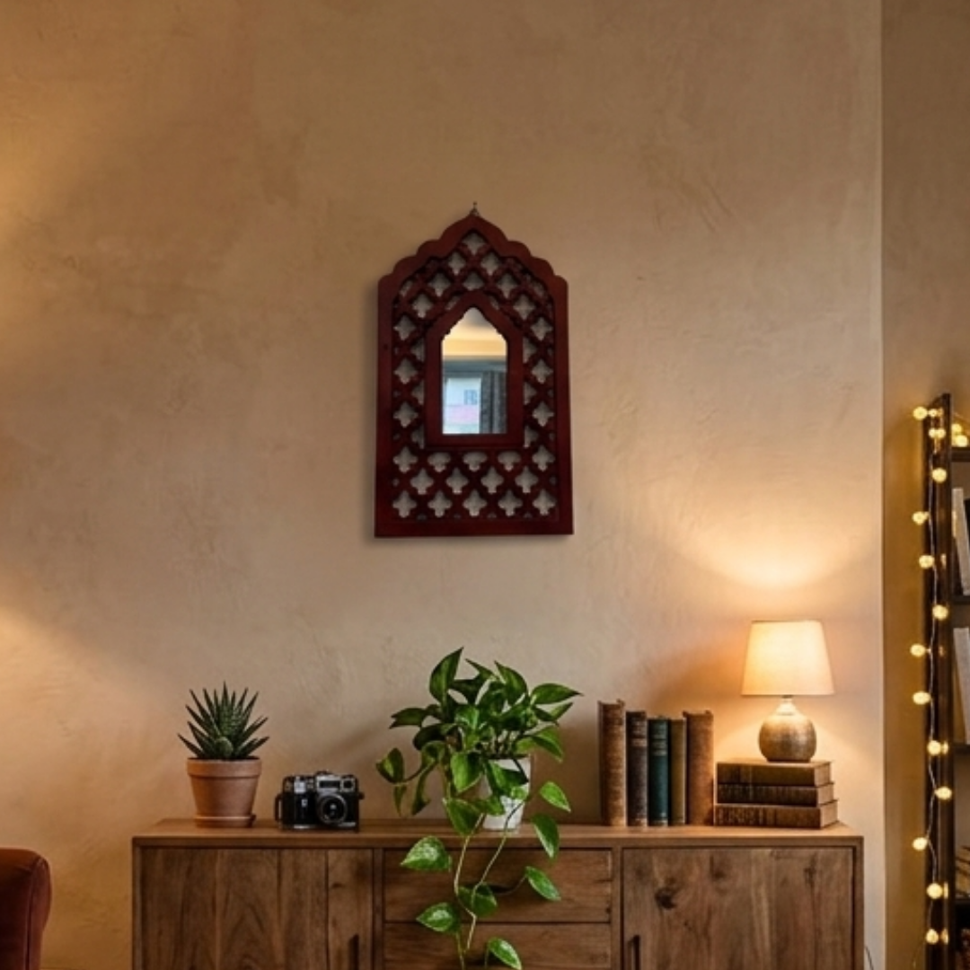 Brown MDF Wooden Jharokha with Mirror - Brown Mughal