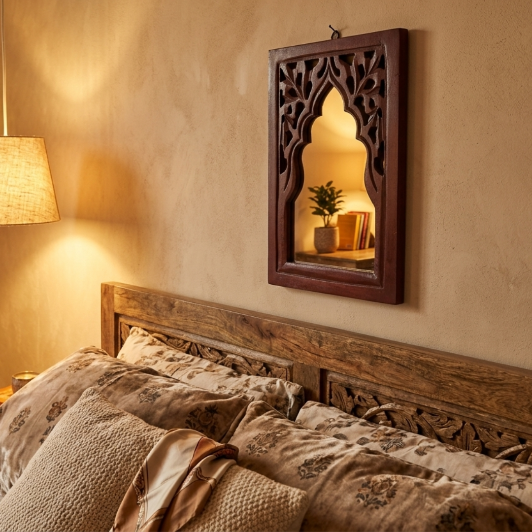 Brown MDF Wooden Jharokha with Mirror - Brown Rajasthani