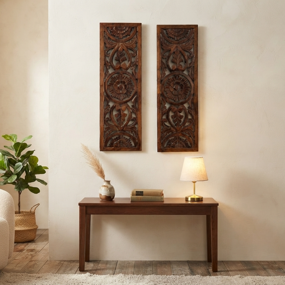 Brown MDF Wooden Jharokha - Brown Bloom Panel (Set of 2)
