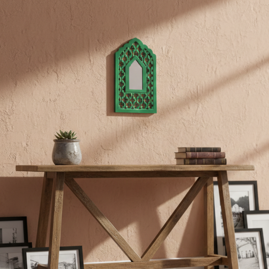 Green MDF Wooden Jharokha with Mirror - Green Mughal