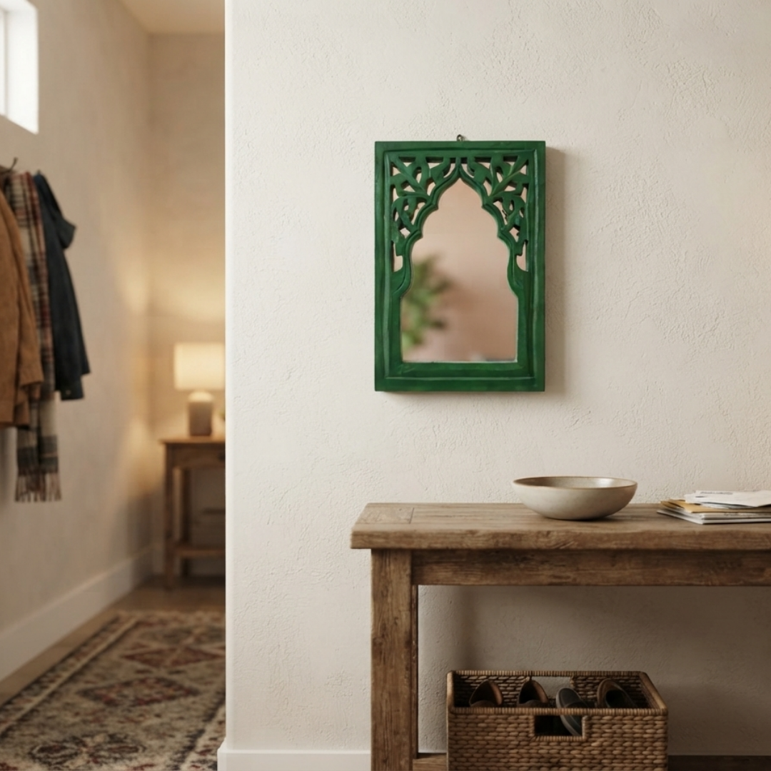 Green MDF Wooden Jharokha with Mirror - Green Rajasthani