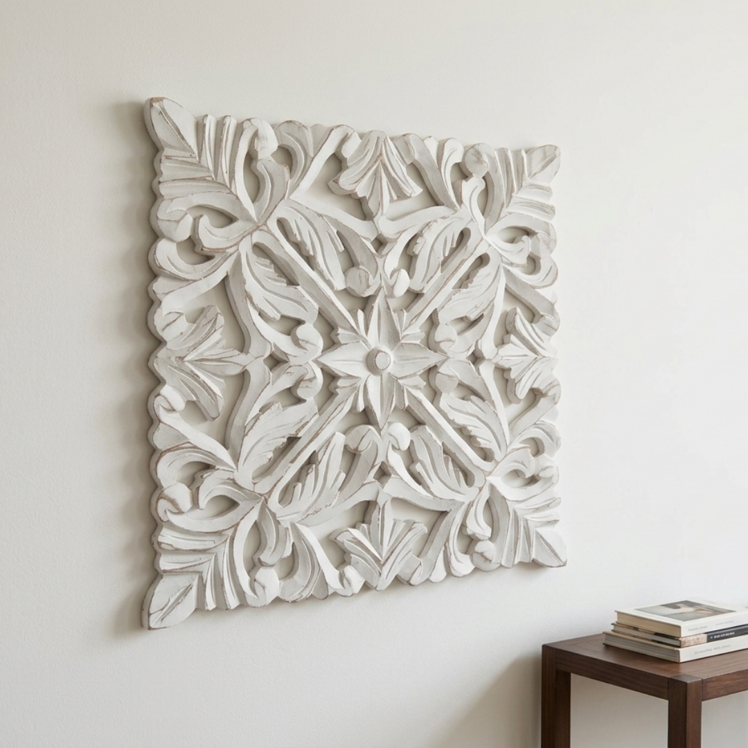 Antique Square MDF Wooden Jharokha - White Petal